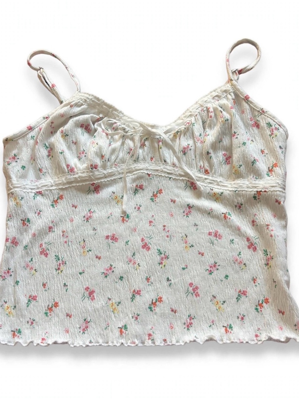 No Boundaries White Floral Cami Top S (4-6) Cottagecore Tie Front Lace Trim Y2K